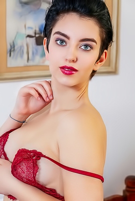 Chantal Voluptuous Sweetheart Slides The Straps Of Her Red Lace Bra