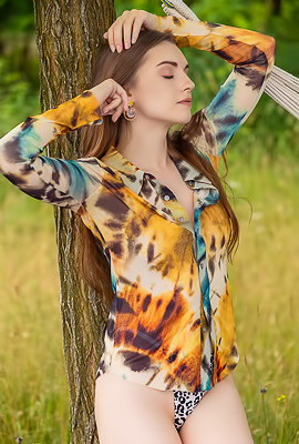 >Monika May Seductive Beauty Unbuttons Her Shirt And Caresses Her Lovely Breasts