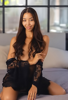 Lia Lin Parts Her Slender Thighs Exposing Her Shaved Pussy