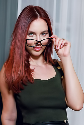 >Busty Redhead Leya Desantis In Black Stockings