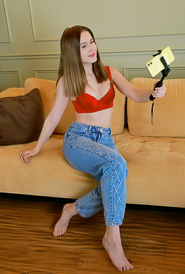 Una Hugs Her Perky Breasts And Leaves Her Curvy Buns Exposed